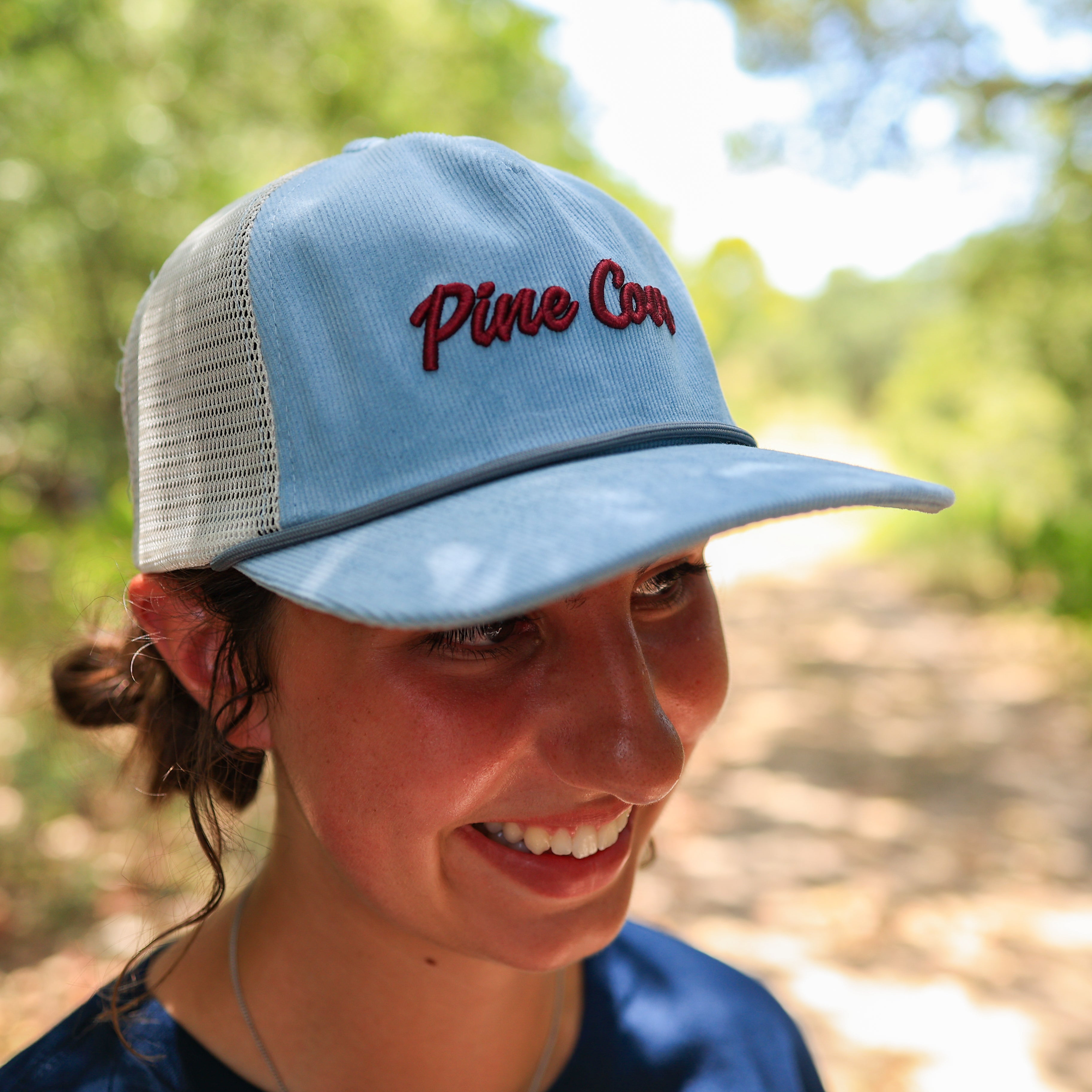 Hat Blue Cursive Corduroy Maroon Embroidery