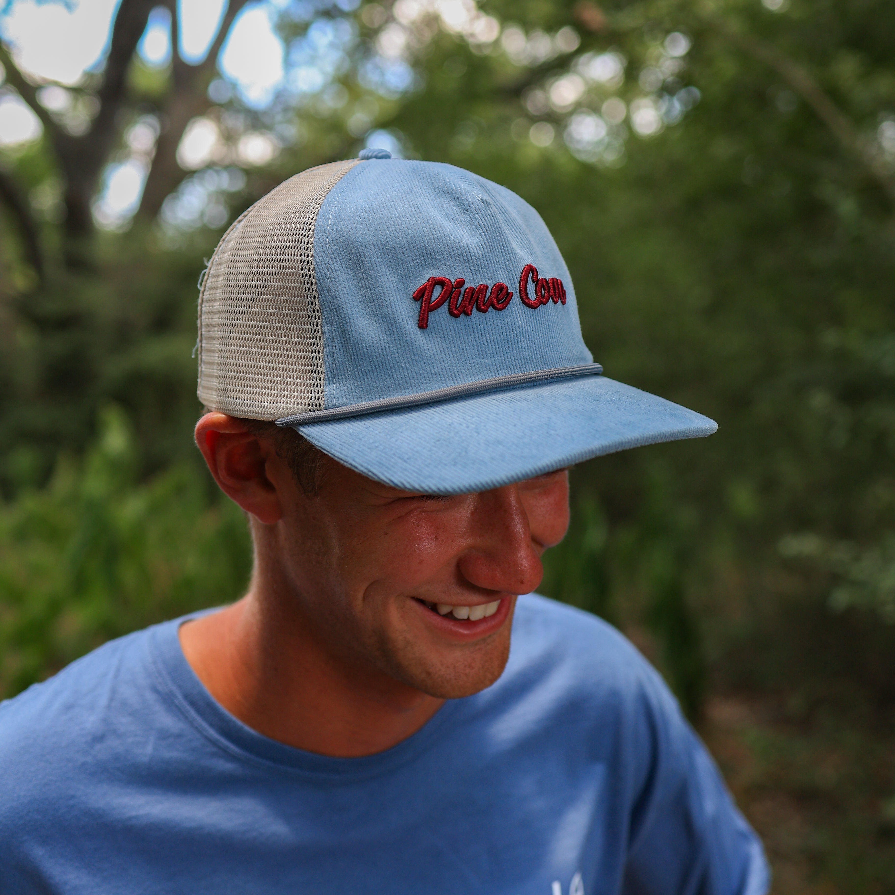 Hat Blue Cursive Corduroy Maroon Embroidery