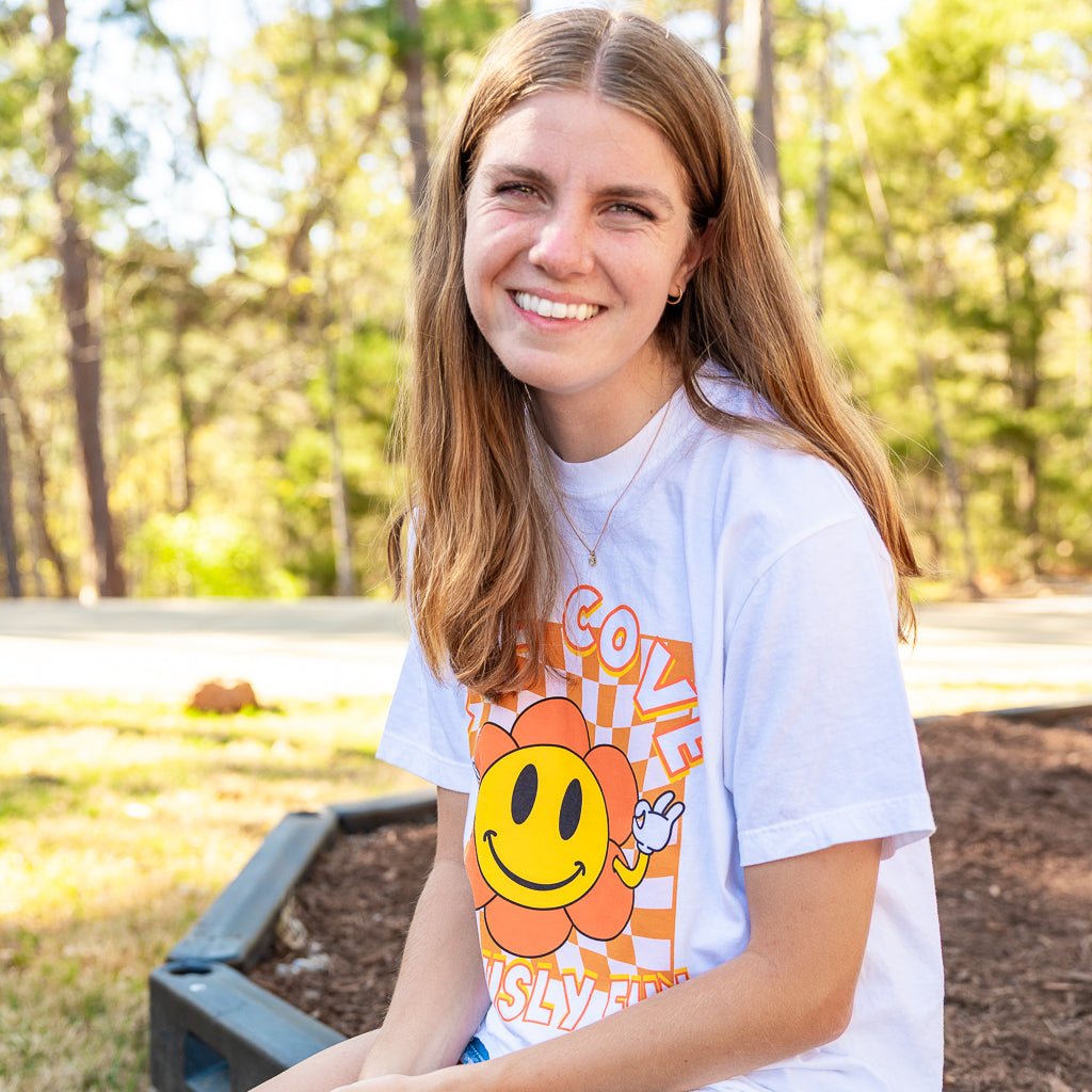 Adult Checkerboard Flower Tee - Pine Cove Web Store